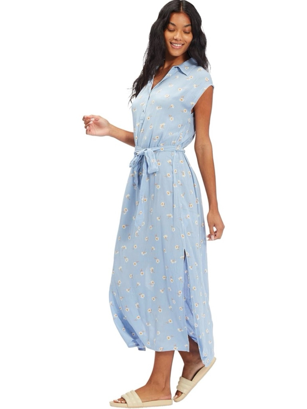 Billabong Lovely Waves Button Front Floral Belted Midi Dress Size L Dainty